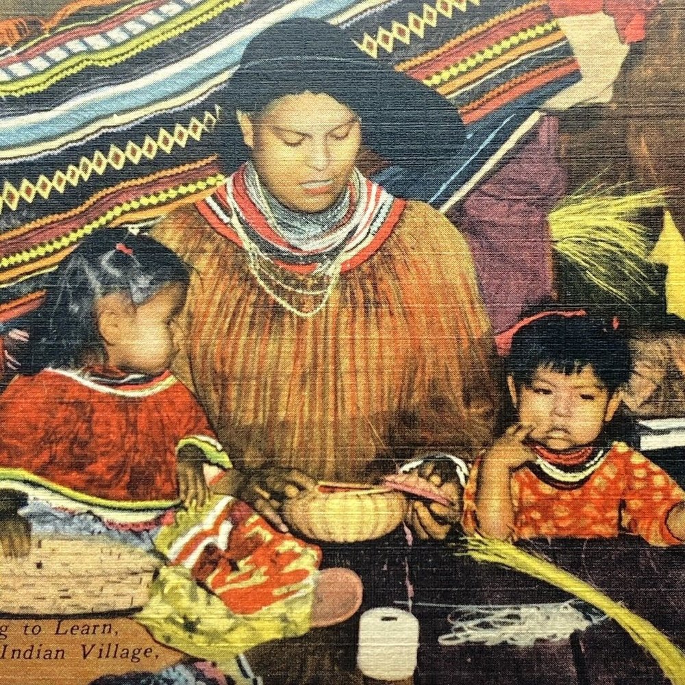 c1940 Seminole Indian Woman Children Tropical Hobbyland Miami Linen Postcard NOS